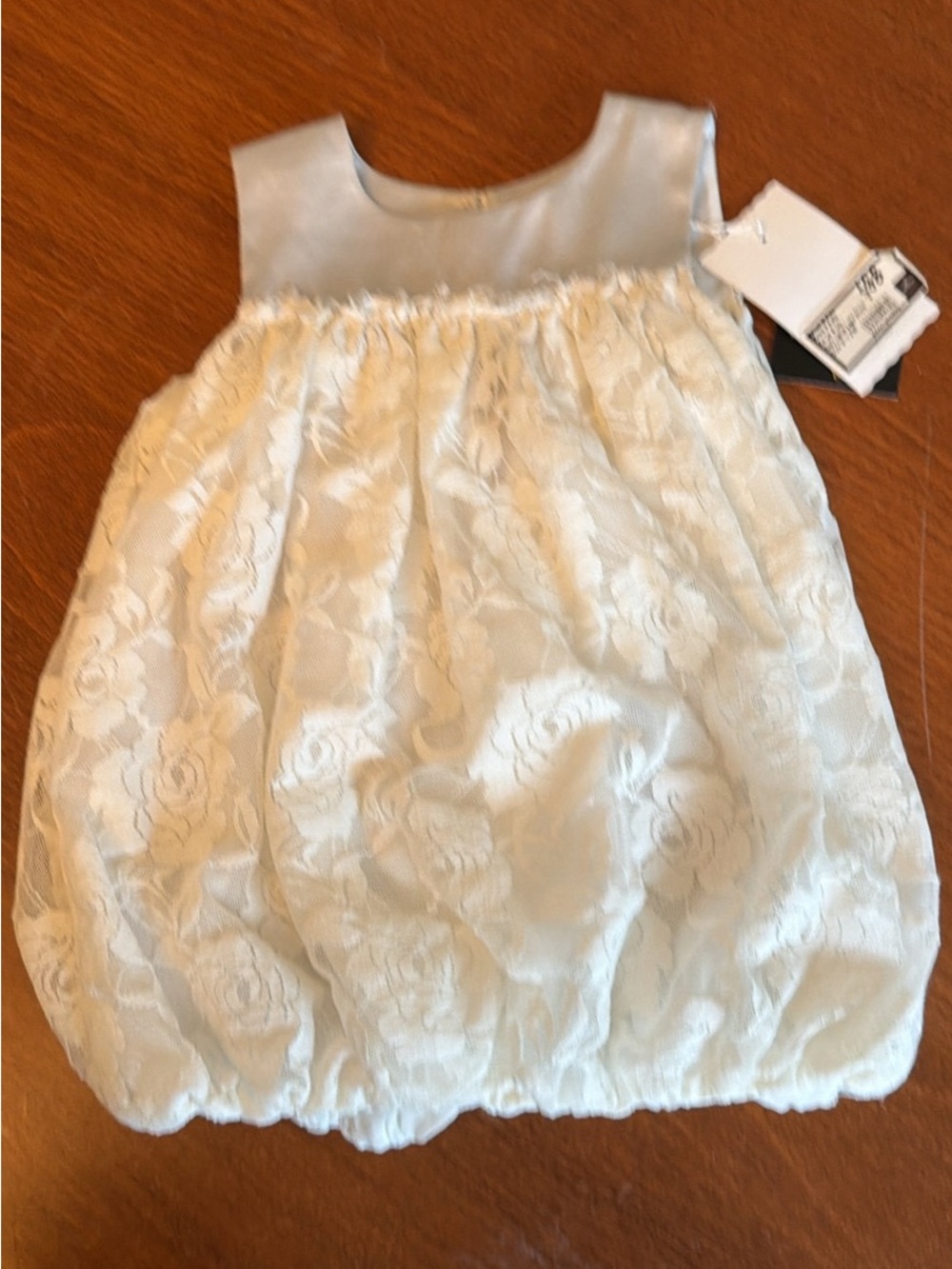 Lace Infant Bubble Dress in Light Ivory with Light Grey Satin Trim 9-12M